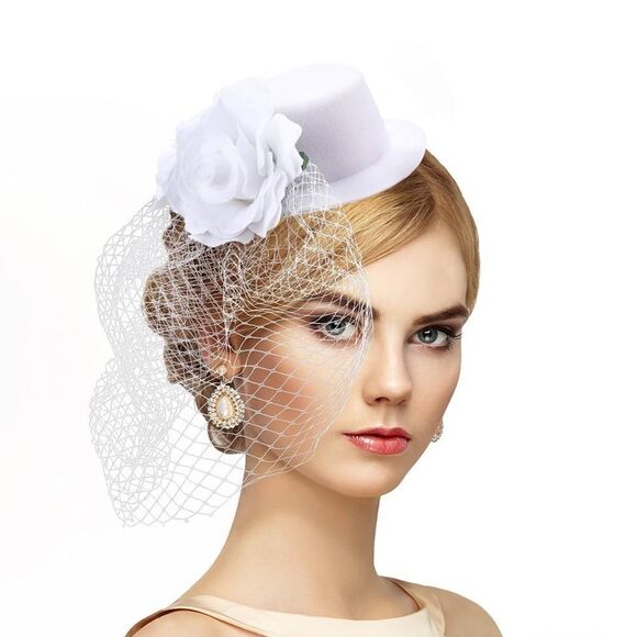 Fascinators - White Derby Hat  Elegant Tea Party with Veil Floral - Picture 1 of 10